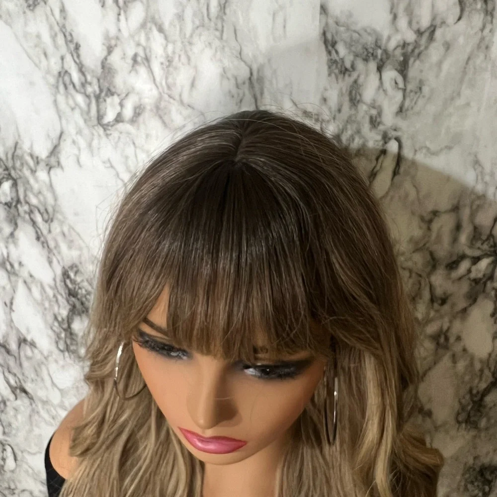 24 Inch Ombre Brown Rooted & Blonde highlights Wavy Hair with bangs  Lon… - Picture 7 of 11